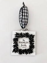 Load image into Gallery viewer, Family Name Christmas Ornament with decorative wreath border