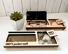 Load image into Gallery viewer, 4 Men's dresser valet or caddy laser file designs. Includes matching keyrings