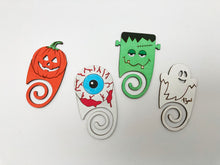 Load image into Gallery viewer, Halloween laser cut file, Clip on halloween bookmark file with Frankenstein, Ghost, Eyeball and Pumpkin.