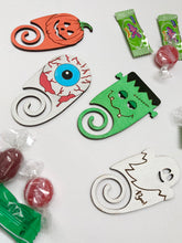 Load image into Gallery viewer, Halloween laser cut file, Clip on halloween bookmark file with Frankenstein, Ghost, Eyeball and Pumpkin.