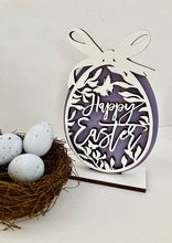 Load image into Gallery viewer, Easter decor with three cut out pattern designs. Display individually or all on one stand.