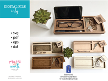Load image into Gallery viewer, 4 Men's dresser valet or caddy laser file designs. Includes matching keyrings