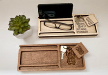 Load image into Gallery viewer, 4 Men's dresser valet or caddy laser file designs. Includes matching keyrings