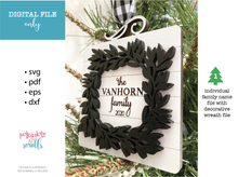 Load image into Gallery viewer, Family Name Christmas Ornament with decorative wreath border