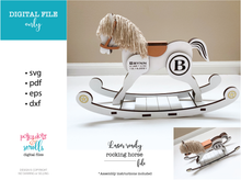 Load image into Gallery viewer, Rocking Horse SVG laser ready file. Nursery decor shelf sitter with birth stats for personalization