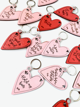 Load image into Gallery viewer, 15 Galentine Heart shaped Keyrings laser files with unique short sayings.