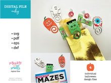 Load image into Gallery viewer, Halloween laser cut file, Clip on halloween bookmark file with Frankenstein, Ghost, Eyeball and Pumpkin.