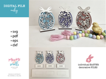 Load image into Gallery viewer, Easter decor with three cut out pattern designs. Display individually or all on one stand.