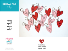 Load image into Gallery viewer, 15 Galentine Heart shaped Keyrings laser files with unique short sayings.