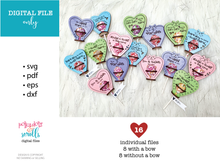 Load image into Gallery viewer, Kids Valentine dum dum sucker holders with 8 different verses in two styles.