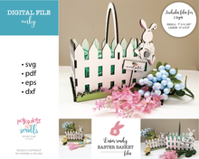 Load image into Gallery viewer, Easter basket laser cut file with cute bunny hopping the fence. Includes 2 size basket files