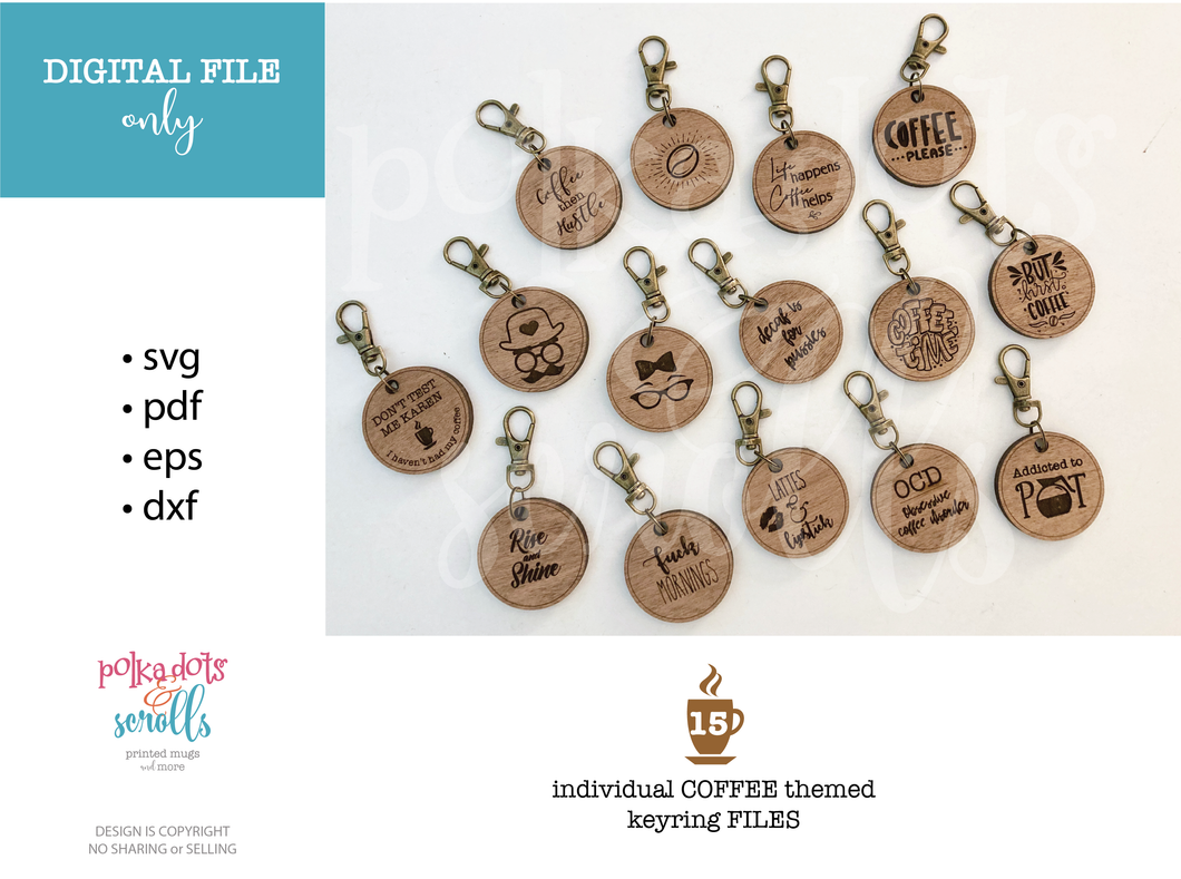 Keyring SVG files, Coffee related svg laser files, Glowforge tested