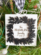 Load image into Gallery viewer, Family Name Christmas Ornament with decorative wreath border
