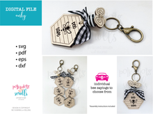 Load image into Gallery viewer, Bee keyring digital laser cut file with 6 different bee sayings.
