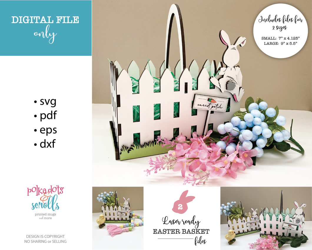 Easter basket laser cut file with cute bunny hopping the fence. Includes 2 size basket files